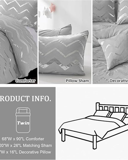 Grey and Silver Comforter Set Twin Size Metallic Print Geometric Bedding Set Lightweight Microfiber Comforter for Teen Girls Boys Women (1 Pillow Sham + 1 Decorative Pillow Sham) - LeafyLoom