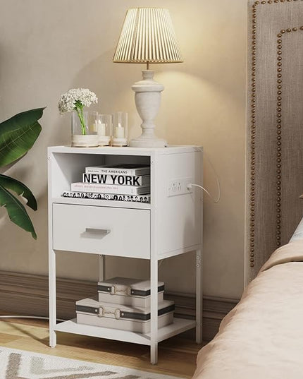 LDTTCUK Nightstand with Charging Station, Modern End Table with Drawer, White Bedside Table with Open Storage for Bedroom - LeafyLoom