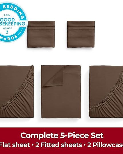Mellanni Extra Deep Split King Sheets - 5 PC Iconic Collection Bedding Sheets & Pillowcases - Hotel Luxury, Ultra Soft, Cooling Bed Sheets - Extra Deep Pocket up to 21 inch (Split King, Brown) - LeafyLoom