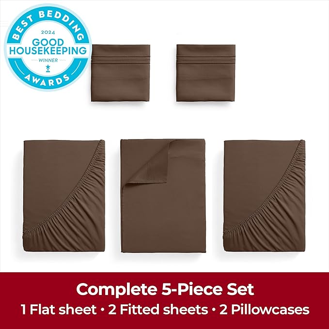 Mellanni Extra Deep Split King Sheets - 5 PC Iconic Collection Bedding Sheets & Pillowcases - Hotel Luxury, Ultra Soft, Cooling Bed Sheets - Extra Deep Pocket up to 21 inch (Split King, Brown) - LeafyLoom