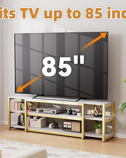 Aquzee 75in Long TV Stand for 32-85 Inch TVs, Under TV Console Table with 3-Tier Shelves, Industrial White TV Cabinet and Entertainment Center for Living Room, Bedroom, Gaming Room - LeafyLoom