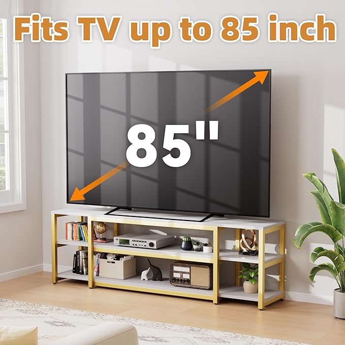 Aquzee 75in Long TV Stand for 32-85 Inch TVs, Under TV Console Table with 3-Tier Shelves, Industrial White TV Cabinet and Entertainment Center for Living Room, Bedroom, Gaming Room - LeafyLoom