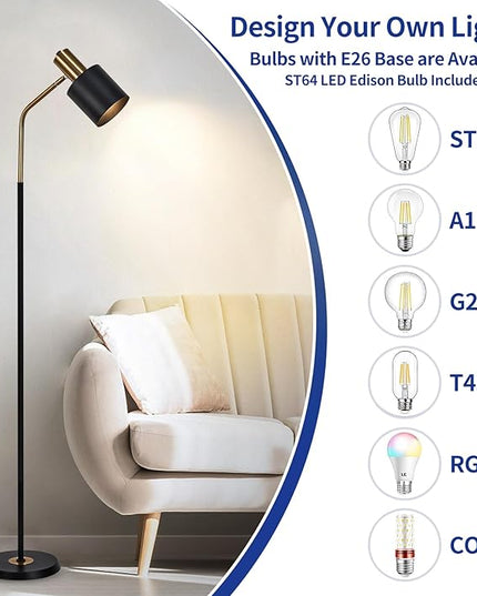 O'NEELDY Modern Industrial Floor Lamp 65" Black Standing Lamp, Black Floor Lamp with 360° Adjustable Lampshade, 12W E26 Bulb Included, Floor Lamp for Living Room, Bedroom, Office - LeafyLoom