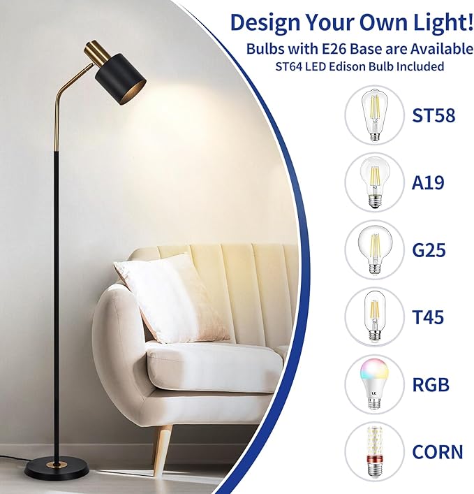 O'NEELDY Modern Industrial Floor Lamp 65" Black Standing Lamp, Black Floor Lamp with 360° Adjustable Lampshade, 12W E26 Bulb Included, Floor Lamp for Living Room, Bedroom, Office - LeafyLoom