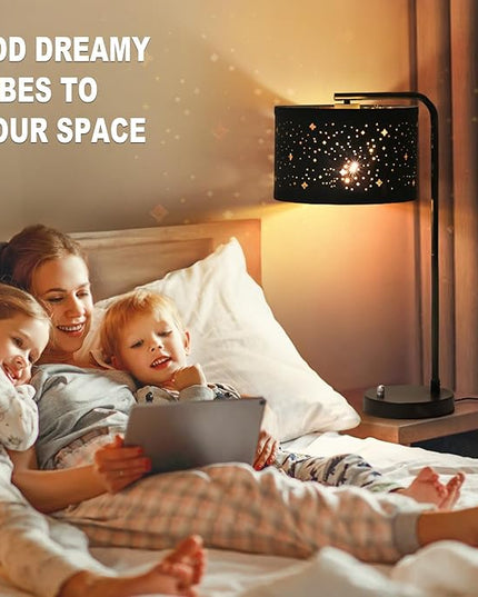Bedside Table Lamp, Fully Dimmable Table Lamp with 2 USB Ports, Modern Nightstand Lamps with Stars Shade, USB Side Table Lamp, Tall Desk Reading Lamps for Living Room Bedroom 3000k LED Bulb Included - LeafyLoom