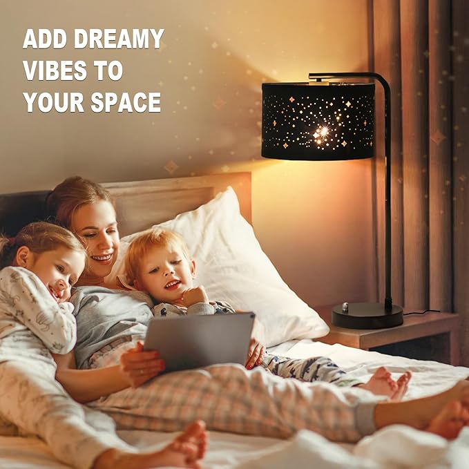 Bedside Table Lamp, Fully Dimmable Table Lamp with 2 USB Ports, Modern Nightstand Lamps with Stars Shade, USB Side Table Lamp, Tall Desk Reading Lamps for Living Room Bedroom 3000k LED Bulb Included - LeafyLoom