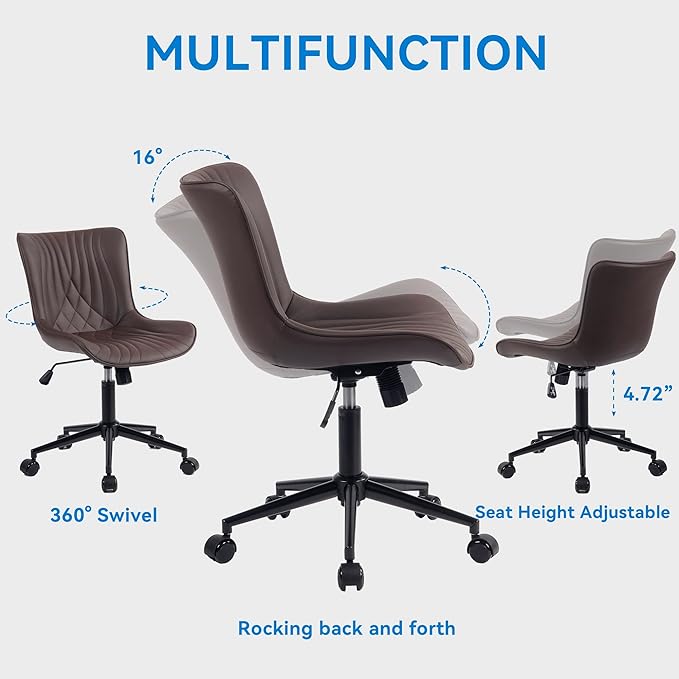 YOUNIKE Office Chair, Armless Desk Chair with Wheels, Home Office Computer Task Chairs, Modern Faux Leather Upholstered Vanity Chair, Adjustable Swivel Rocking Chair with Back, Espresso Brown - LeafyLoom