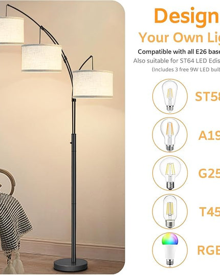 Arc Floor Lamps for Living Room,Modern Mid Century Tall Standing Floor Lamp with Heavy Base for Bedroom Office,3-Light Floor Lamp with Adjustable Hanging and 3 LED Bulbs (Black+Beige Shade) - LeafyLoom