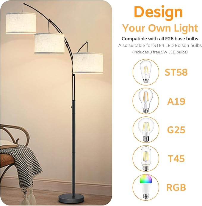 Arc Floor Lamps for Living Room,Modern Mid Century Tall Standing Floor Lamp with Heavy Base for Bedroom Office,3-Light Floor Lamp with Adjustable Hanging and 3 LED Bulbs (Black+Beige Shade) - LeafyLoom
