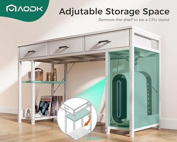 AODK 48 Inch Computer Desk with Fabric Drawers & Power Outlets, Office Desk with Storage Shelves & CPU Stand, Writing Study Table, Small Desk for Bedroom, White - LeafyLoom