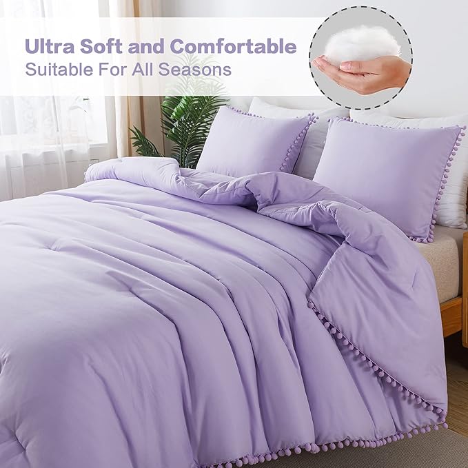 Litanika Comforter Full Size Set Lavender Purple,3 Pieces Lavender Purple Boho Pom Pom Lightweight Bed Comforter Full,All Season Soft Bedding Comforter Sets (1 Comforter 79x90 Inch, 2 Pillowcases) - LeafyLoom