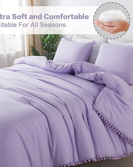 Litanika Queen Size Comforter Set Lavender Purple,3 Pieces Lavender Purple Boho Pom Pom Lightweight Bed Comforter, All Season Soft Bedding Comforter Sets (1 Comforter 90x90 Inch, 2 Pillowcases) - LeafyLoom