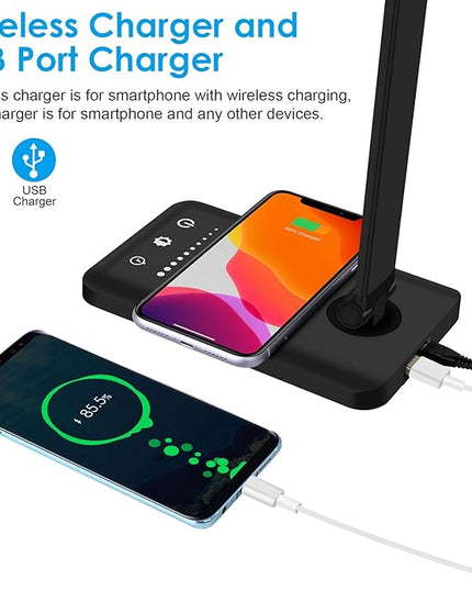 LED Desk Lamp with Wireless Charger, Dimmable Office Lamp with USB Charging Port, Eye- Caring Desk Lamps, Bright with 5 Lighting Modes, Touch Control Auto Timer - LeafyLoom
