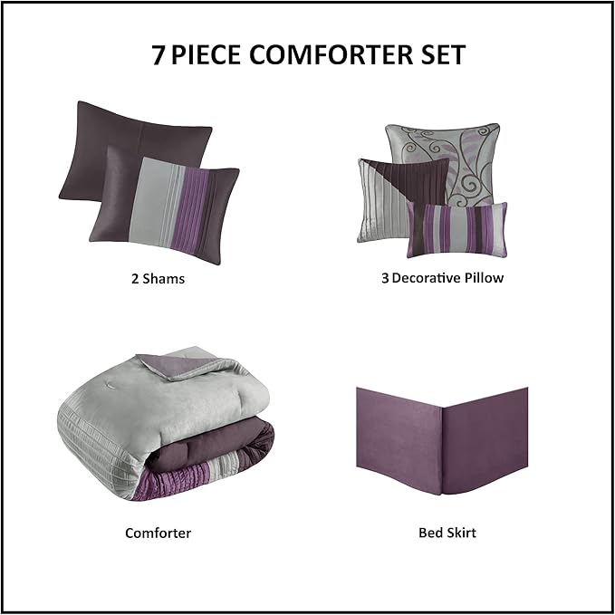 Madison Park Amherst Faux Silk Comforter Set-Casual Contemporary Design All Season Down Alternative Bedding, Matching Shams, Bedskirt, Decorative Pillows, King(104"x92"), Purple, 7 Piece (MP10-127) - LeafyLoom