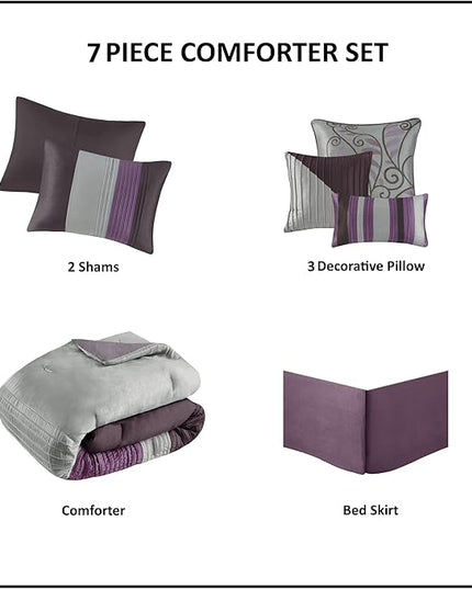 Madison Park Amherst Faux Silk Comforter Set-Casual Contemporary Design All Season Down Alternative Bedding, Matching Shams, Bedskirt, Decorative Pillows, Queen (90 in x 90 in), Purple, 7 Piece - LeafyLoom