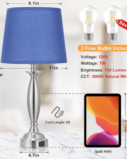 Blue Lamps for Bedrooms Set of 2 - Touch Control Bedside Lamp with USB C+A, 3 Way Dimmable Nightstand Lamps with USB Port, Table Lamp for Living Room(Blue Shade and Nickel Base) - LeafyLoom