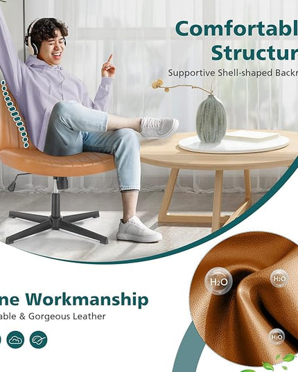 OLIXIS Cross Legged Armless Wide Adjustable Swivel Padded Home Office Desk Chair, Brown - LeafyLoom