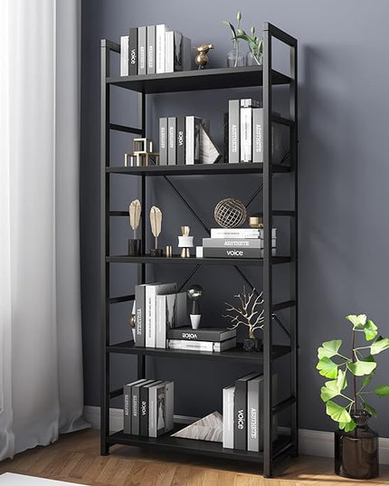 VERMESS Bookshelf Black, 5 Tier Shelving Unit Tall Book Shelf, Wood Bookcase with Open Shelves, Industrial Standing Storage Bookshelves Metal Display Rack for Living Room, Bedroom, Home, Office - LeafyLoom