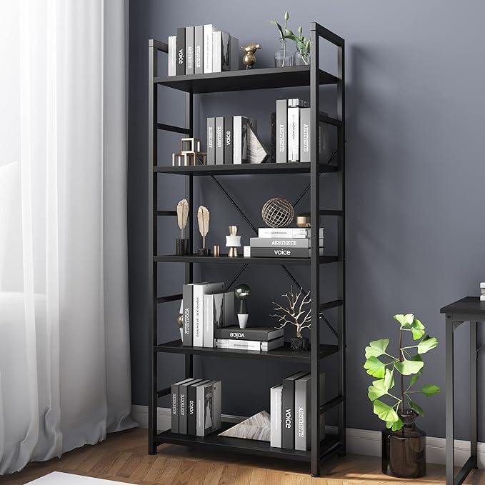 VERMESS Bookshelf Black, 5 Tier Shelving Unit Tall Book Shelf, Wood Bookcase with Open Shelves, Industrial Standing Storage Bookshelves Metal Display Rack for Living Room, Bedroom, Home, Office - LeafyLoom