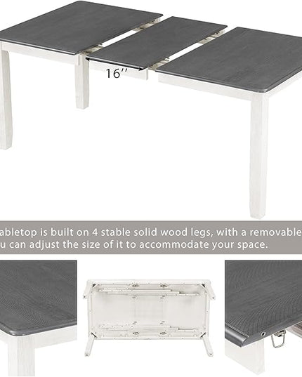 Retro Style 7 Piece Set with Extendable Table and 6 Upholstered Chairs, for Living, Dining Room, Home Bar and Kitchen, Gray+White - LeafyLoom