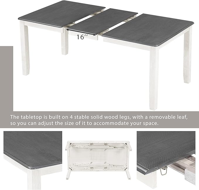 Retro Style 7 Piece Set with Extendable Table and 6 Upholstered Chairs, for Living, Dining Room, Home Bar and Kitchen, Gray+White - LeafyLoom