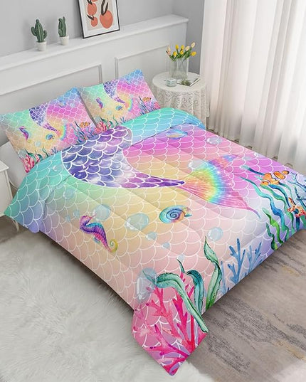Bedding Comforter Set Rainbow Pink Mermaid Tail Printed Pattern Quilt with 1 and 2 Pillowcases for Girls Bedroom All Season(Rainbow Twin) Twin 68x86inches - LeafyLoom