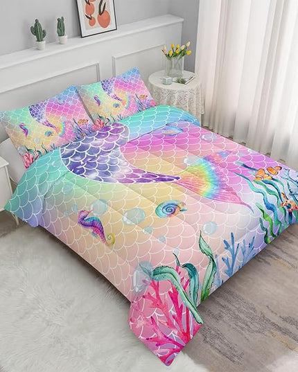 Datura home Bedding Comforter Set Rainbow Pink Mermaid Tail Printed Pattern Quilt with 1 and 2 Pillowcases for Girls Bedroom All Season(Rainbow Full) Full 80x90inches - LeafyLoom