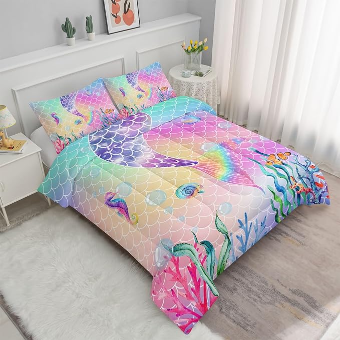 Datura home Bedding Comforter Set Rainbow Pink Mermaid Tail Printed Pattern Quilt with 1 and 2 Pillowcases for Girls Bedroom All Season(Rainbow Queen) Queen 90x90inches - LeafyLoom