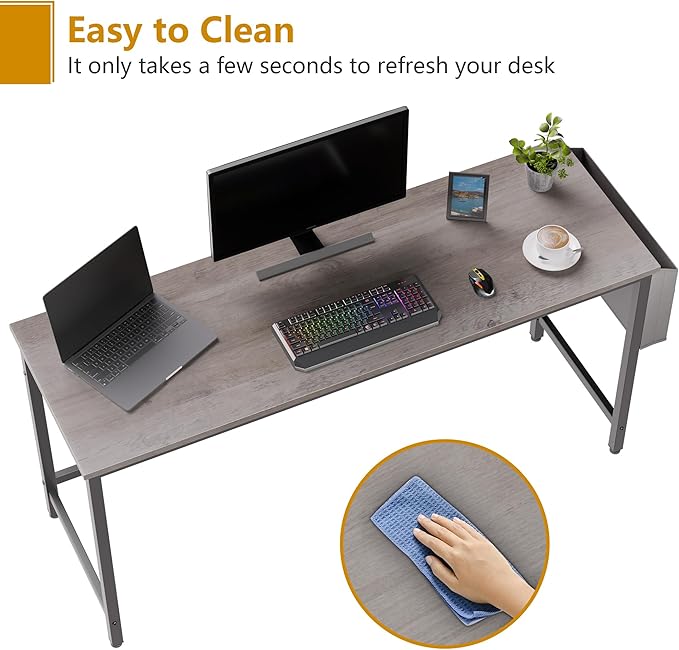 Shintenchi 63 inch Computer Desk with Storage Bag, Study Workstation Modern Simple Design for Home Office, Student Writing Desk, Office Working Desk, Gray - LeafyLoom