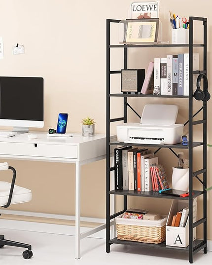 Yoobure 5 Tier Bookshelf - Tall Book Shelf Modern Bookcase for CDs/Movies/Books, Rustic Book Case Industrial Bookshelves Book Storage Organizer for Bedroom Home Office Living Room Grey - LeafyLoom