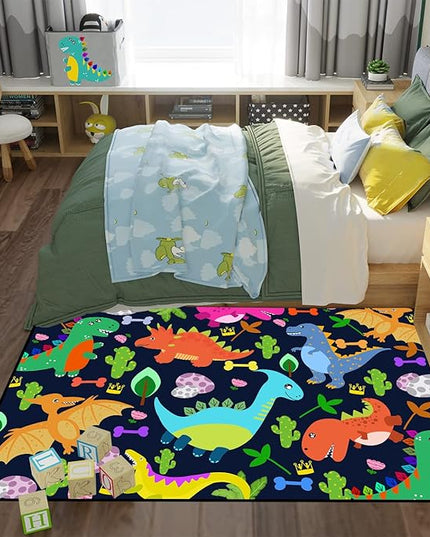 Dinosaur Rug for Boys Room Cartoon Dinosaur Area Rugs Kids Rug Dinosaur Rug Kids Play Rug Dinosaur Play Rug for Bedroom and Kidroom Playing Room,Dark Blue 3'×4' - LeafyLoom