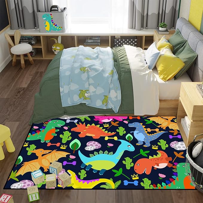 Dinosaur Rug for Boys Room Cartoon Dinosaur Area Rugs Kids Rug Dinosaur Rug Kids Play Rug Dinosaur Play Rug for Bedroom and Kidroom Playing Room,Dark Blue 4'5''×6' - LeafyLoom