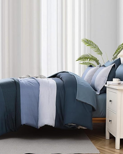WONGS BEDDING Navy Blue Comforter Set Queen, Reversible Striped Patchwork Down Alternative Comforter,3 Pieces (1 Comforter+2 Pillowcases), Soft Microfiber Bedding Duvet Insert Set 90"×90" - LeafyLoom