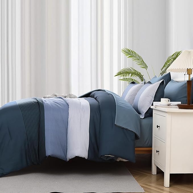 Navy Blue Comforter Set King, Reversible Navy Blue Striped Down Alternative Comforter for King Bed,3 Pieces (1 Comforter+2 Pillowcases), Soft Microfiber Bedding Duvet Set 104"×90" - LeafyLoom