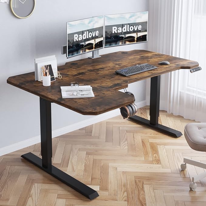 Radlove 59-Inch Large Electric Height Adjustable Computer L-Shaped Desk with Memory Controller Corner Standing Desk Modern Workstation with Splice Board Ergonomic Desk (Black Frame + Rustic Brown Top) - LeafyLoom