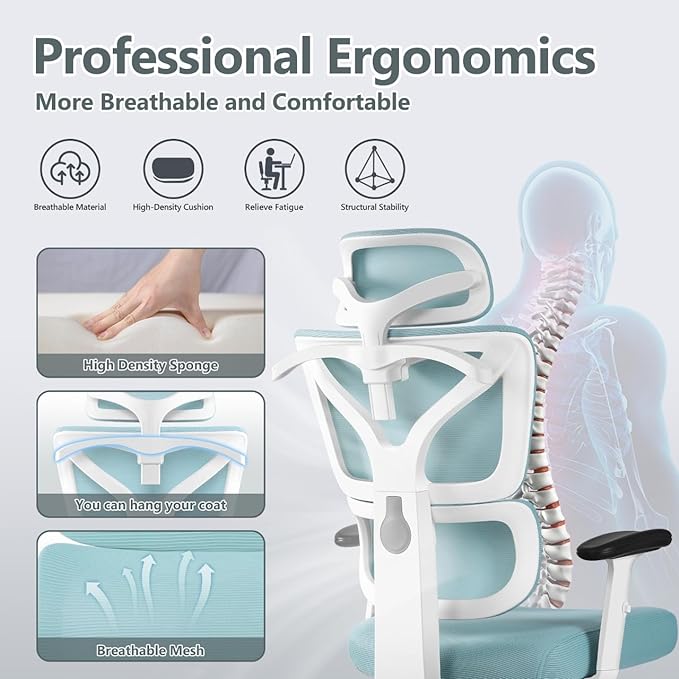 Office Chair Ergonomic Desk Chair, High Back Gaming Chair, Big and Tall Reclining chair Comfy Home Office Desk Chair Lumbar Support Breathable Mesh Computer Chair Adjustable Armrests (Blue) - LeafyLoom