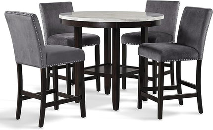 New Classic Furniture Celeste 5-Piece Faux Marble Round Counter Set with 1 Table and 4 Chairs, 42-Inch, Black - LeafyLoom