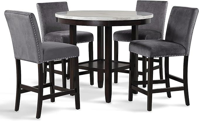 New Classic Furniture Celeste 5-Piece Faux Marble Round Counter Set with 1 Table and 4 Chairs, 42-Inch, Black - LeafyLoom