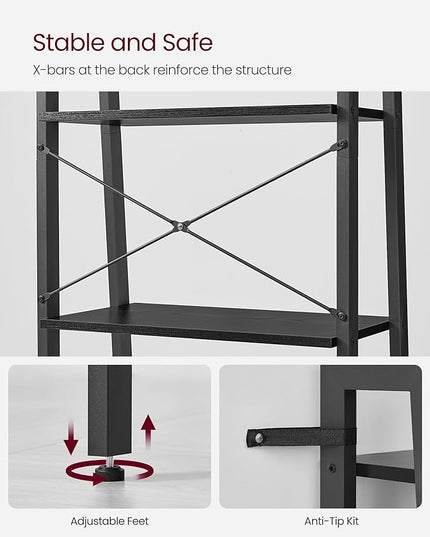 VASAGLE Ladder Shelf, 5-Tier Bookshelf, Storage Rack, Bookcase with Steel Frame, for Living Room Home Office, Kitchen, Bedroom, Industrial Style, Ebony Black + Black - LeafyLoom