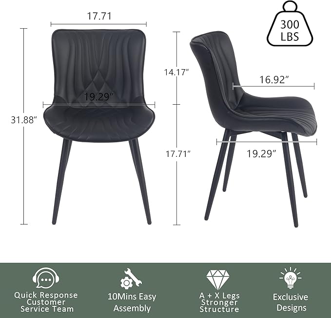 YOUTASTE Black Dining Chairs Set of 2 Upholstered Mid Century Modern Kitchen Dining Room Chairs Armless Faux Leather Accent Chairs Metal Vanity Lounge Chair with Back for Living Room Bedrooms - LeafyLoom
