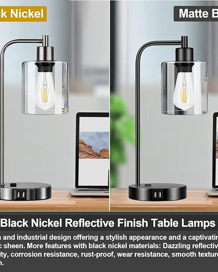 Industrial Touch Control Table Lamps Set of 2 - Black Nickel Bedside Lamps with 2 USB Ports & AC Outlet, 3-Way Dimmable Nightstand Desk Lamp for Bedroom Living Room, Glass Shade & 2 LED Bulbs Included - LeafyLoom