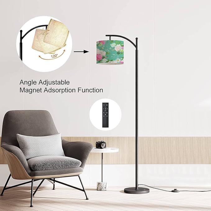 Modern Arc Floor Lamp with Dimmer Mid Century Beautiful Seamless Spring Roses Peony Orchid Succulents Metal Standing Lamp with Linen Shade Footswitch for Living Room Bedroom Office - LeafyLoom