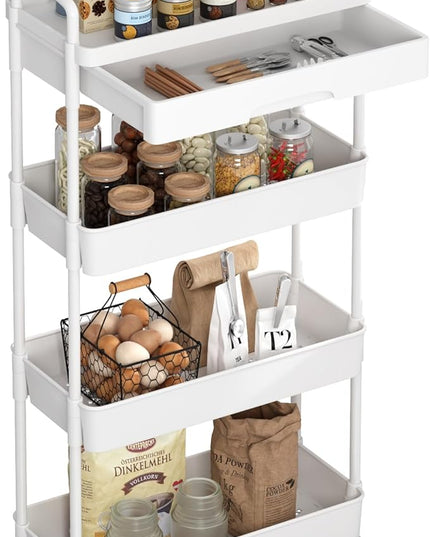 4-Tier Rolling Cart，Trolley with Drawer, Kitchen Storage Organizer with Plastic Shelf & Metal Wheels, Storage Cart for Living Room, Kitchen, Office, Bathroom, White - LeafyLoom