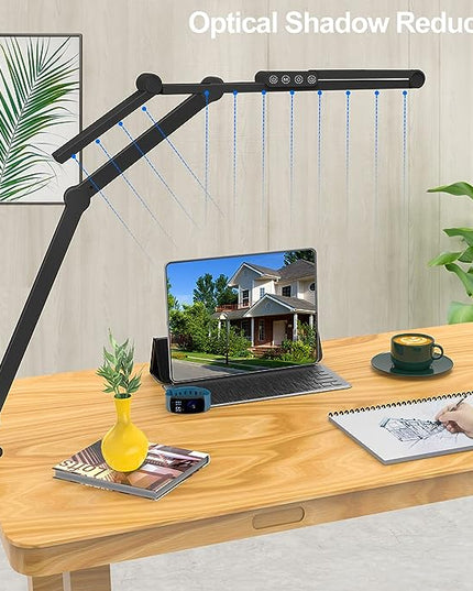 Micomlan Led Desk Lamp with Clamp, Architect Desk Lamp for Home Office with Atmosphere Lighting, 24W Ultra Bright Auto Dimming Desk Light Stepless Dimming and Tempering LED Table Light - LeafyLoom