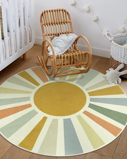 Boho Round Rug 4 Ft Washable Area Rug for Kids Room, Colorful Sun Circle Rug for Playroom, Non-Slip Circular Office Carpet Soft Rainbow Rug for Bedroom Reading Corner Dorm - LeafyLoom
