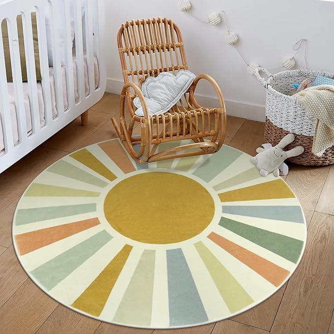 Boho Round Rug 4 Ft Washable Area Rug for Kids Room, Colorful Sun Circle Rug for Playroom, Non-Slip Circular Office Carpet Soft Rainbow Rug for Bedroom Reading Corner Dorm - LeafyLoom
