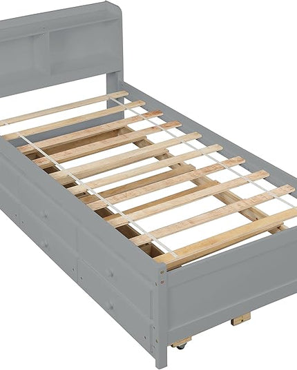 Platform Bed Twin Size with Bookcase Headboard, Trundle and 3 Drawers, Wooden Storage Bedframe for Kids Teens Adults Bedroom - LeafyLoom
