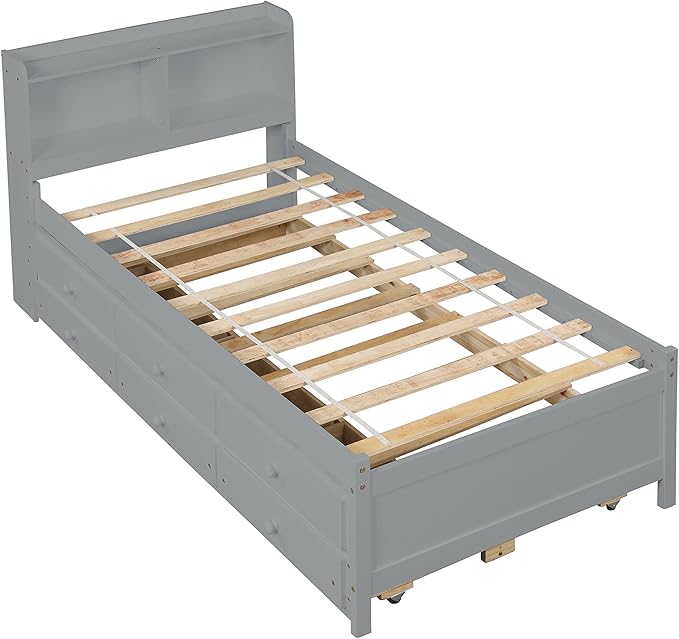 Platform Bed Twin Size with Bookcase Headboard, Trundle and 3 Drawers, Wooden Storage Bedframe for Kids Teens Adults Bedroom - LeafyLoom