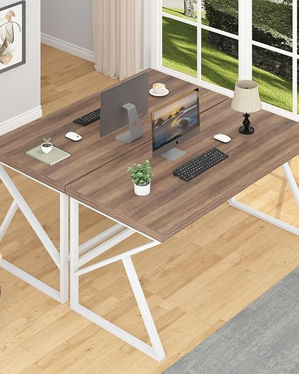 HSH Farmhouse Computer Desk, Large Home Office PC Desk, Modern Simple Metal Wood Desk Workstation for Executive Writing Study, Rustic Long Bedroom Living Room Table, White and Rustic Oak, 60 Inch - LeafyLoom