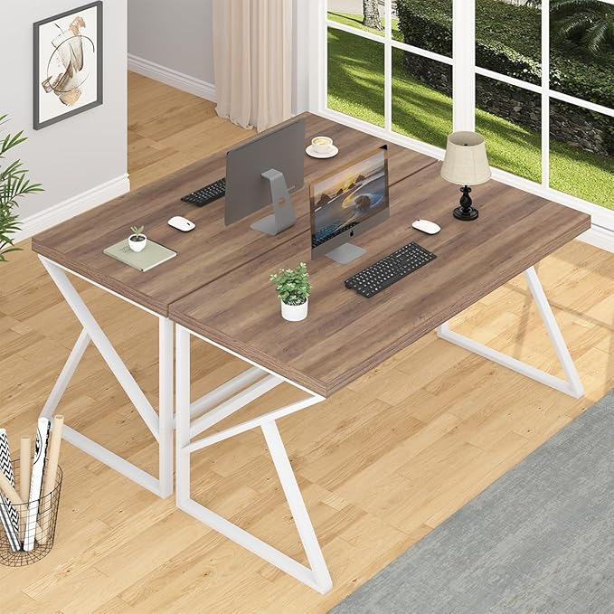 HSH Farmhouse Computer Desk, Large Home Office PC Desk, Modern Simple Metal Wood Desk Workstation for Executive Writing Study, Rustic Long Bedroom Living Room Table, White and Rustic Oak, 60 Inch - LeafyLoom
